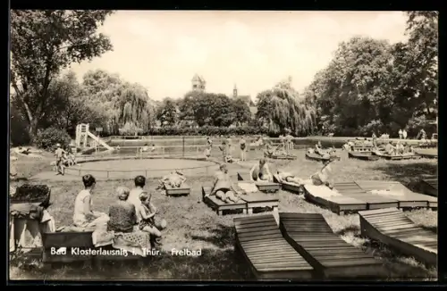 AK Bad Klosterlausnitz i. Thür., Freibad, Becken, Liegewiese, Sandkasten