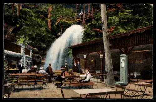AK Rathen /Sächs. Schweiz, Amselfall-Gasthaus, Wasserfall, Terrasse
