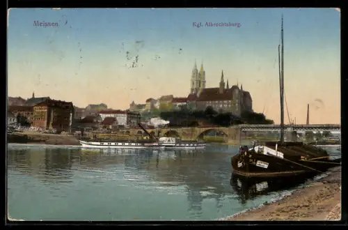 AK Meissen, Kgl. Albrechtsburg, Elbe, Schiffe