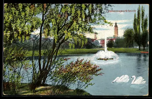 AK Leipzig, Johannaparkteich mit Springbrunnen und Schwänen