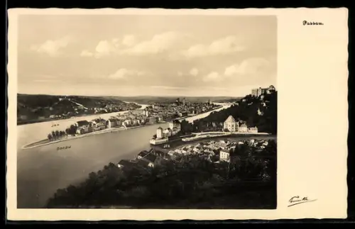 AK Passau, Blick auf Donau und Inn