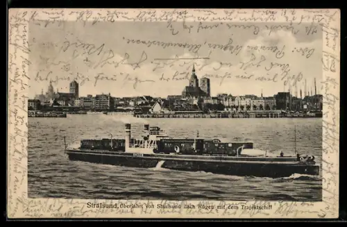 AK Stralsund, Überfahrt nach Rügen mit dem Trajektschiff, Stadtpanorama