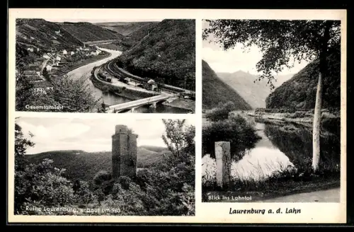 AK Laurenburg a. d. Lahn, Gesamtansicht, Ruine Laurenburg, Blick ins Lahntal
