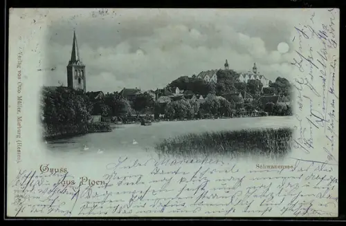 Mondschein-AK Plön, Schwanensee mit Schloss