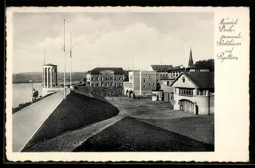 AK Neuwied, Deichpromenade, Bootshäuser und Pegelturm