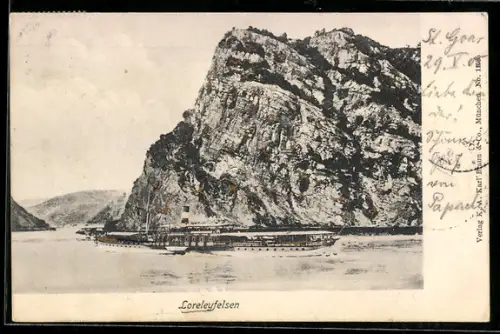 Goldfenster-AK Loreley, Loreleyfelsen und Dampfer mit leuchtenden Fenstern