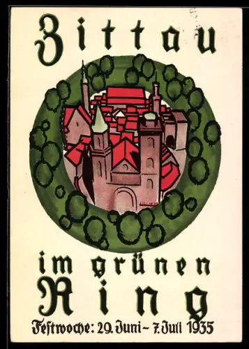 AK Zittau, Festwoche Zittau im grünen Ring 1935, Teilansicht der Stadt mit Kirche, Ganzsache