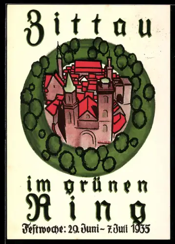 AK Zittau, Festwoche Zittau im grünen Ring 1935, Teilansicht der Stadt mit Kirche, Ganzsache