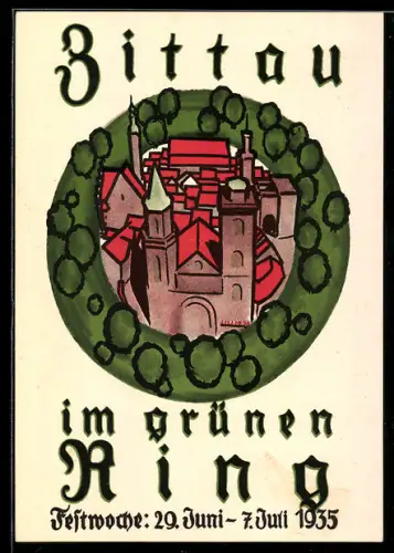 AK Zittau, Festwoche Zittau im grünen Ring 1935, Teilansicht der Stadt mit Kirche, Ganzsache