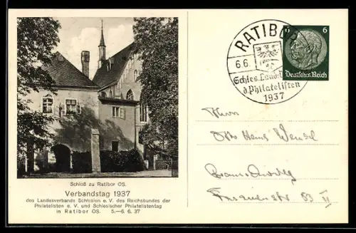 AK Ganzsache Ratibor, Verbandstag 1937 des Landesverbandes Schlesien, Reichsbund der Philatelisten, Schloss in Ratibor