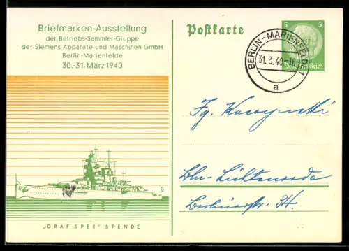 AK Berlin-Marienfelde, Briefmarken-Ausstellung der Betriebs-Sammler-Gruppe, Panzerschiff Admiral Graf Spee, Ganzsache