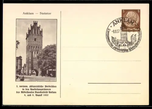 AK Anklam, 2. vorpom. philatelistische Werbeschau 1937 im Möbelhaus Blanckenfeldt, Steintor, Ganzsache