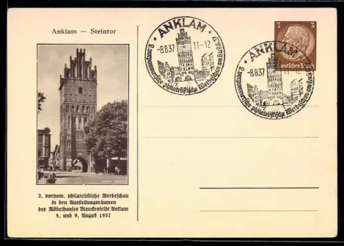 AK Anklam, 2. vorpom. philatelistische Werbeschau 1937 im Möbelhaus Blanckenfeldt, Steintor, Ganzsache