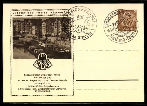 AK Königsberg, Deutsche Ostmesse und 2. philatelistische Ostlandtagung 1937, Hafen Königsberg, Ganzsache