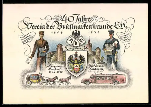 AK Ganzsache PP 122 C 102, Königsberg, 40 Jahre Verein d. Briefmarkenfreunde e.v. 1898-1938, Postkutsche, Wappen