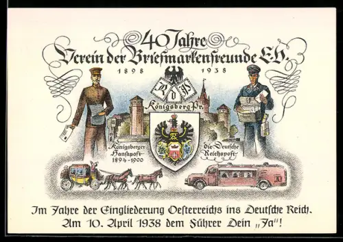 AK Ganzsache PP 122 C 85 /01, Königsberg, 40 Jahre Verein d. Briefmarkenfreunde e.v. 1898-1938, Postkutsche, Wappen