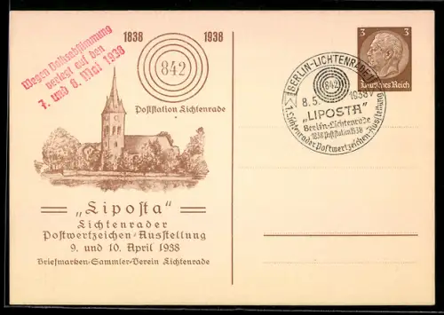 AK Lichtenrade, Liposta Postwertzeichen-Ausstellung 1938 vom Briefmarken-Sammler-Verein Lichtenrade, Kirche, Ganzsache