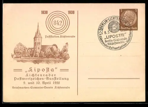 AK Lichtenrade, Liposta Postwertzeichen-Ausstellung 1938 vom Briefmarken-Sammler-Verein Lichtenrade, Kirche, Ganzsache