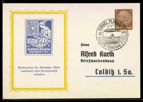AK Colditz i. Sa., Briefmarke mit Reklame für die Firma Alfred Kurth Briefmarkenhaus, Ganzsache