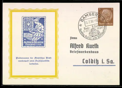 AK Colditz i. Sa., Briefmarke mit Reklame für die Firma Alfred Kurth Briefmarkenhaus, Ganzsache