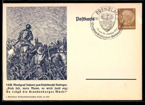 AK Prenzlau, 1. Briefmarkenwerbeschau 1937, Markgraf Johann spricht 1426 zum Stadtknecht Rodinger, Ganzsache
