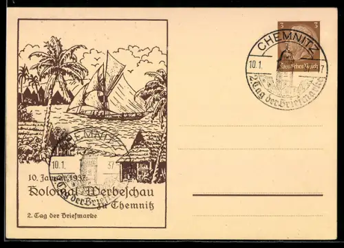AK Chemnitz, 2. Tag der Briefmarke, Kolonial-Werbeschau 1937, Eingeborenen-Dorf und Segelschiff, Ganzsache