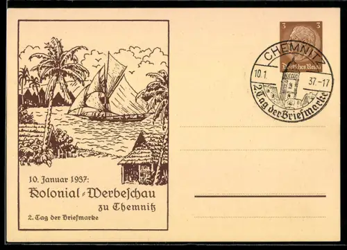 AK Chemnitz, 2. Tag der Briefmarke, Kolonial-Werbeschau 1937, Eingeborenen-Dorf und Segelschiff, Ganzsache