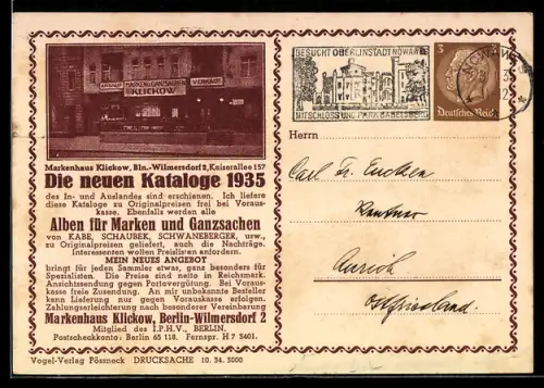 AK Berlin-Wilmersdorf, Markenhaus Klickow, Kaiserallee 157, Ansicht der Markenhandlung, Ganzsache