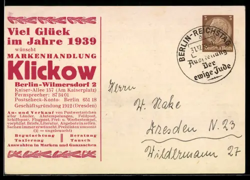 AK Ganzsache Berlin-Wilmersdorf, Markenhaus Klickow, Kaiserallee 157, Werbekarte