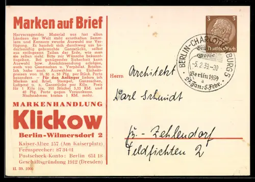 AK Ganzsache Berlin-Wilmersdorf, Markenhaus Klickow, Kaiserallee 157 am Kaiserplatz, Preisliste