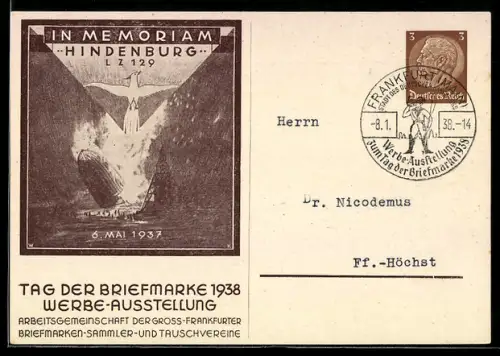 AK In Memoriam Zeppelin LZ 129 Hindenburg, 6. Mai 1937, Tag der Briefmarke 1938, brennendes Luftschiff, Ganzsache