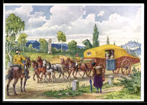AK Ganzsache Gelbe Kutsche zwischen Dresden und Leipzig um 1770, Postkutsche