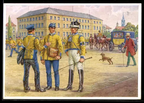 AK Ganzsache Dresden, Sächs. Briefträger und Postillione vor dem Hauptpostamt Mitte des 19. Jahrhunderts