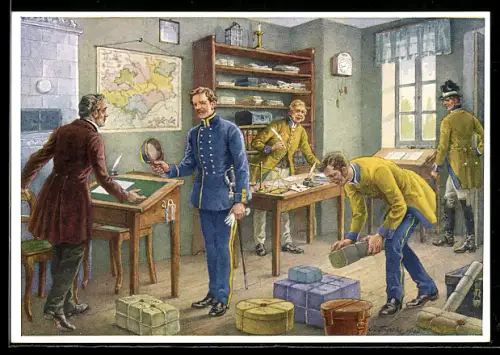 Künstler-AK Ganzsache Poststube mit Postbeamten 1852