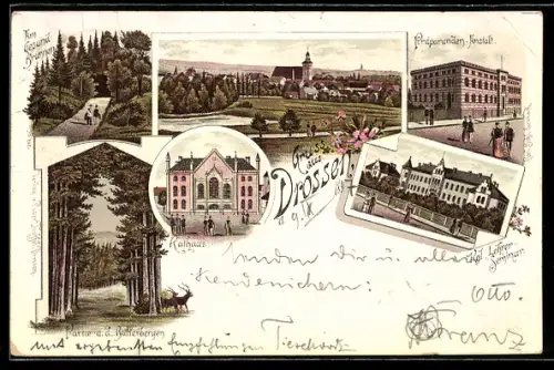 Lithographie Drossen, Totalansicht mit Kirche, Präparanden-Anstalt und Kgl. Lehrer-Seminar