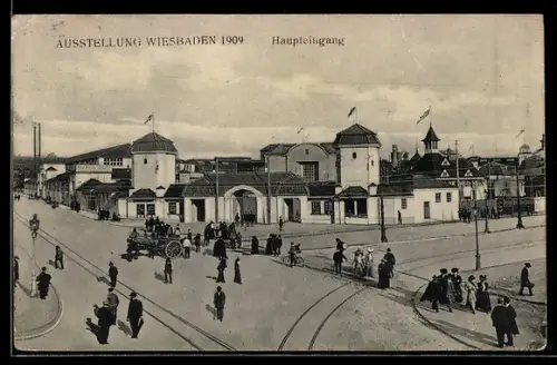 AK Wiesbaden, Ausstellung 1909, Blick auf den Haupteingang