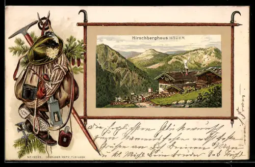 AK Hirschberghaus, Blick zur Berghütte, Passepartout