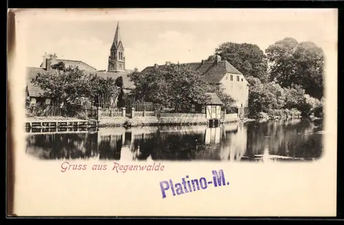 AK Regenwalde, Teilansicht des Ortes mit Kirche
