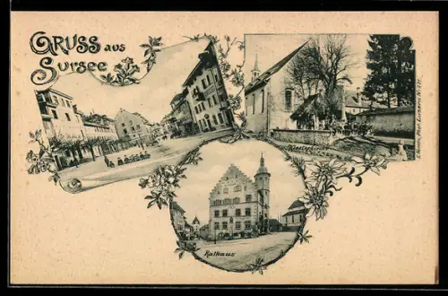 AK Sursee, Rathaus, Blick auf die Klosterkirche