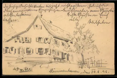 Künstler-AK Handgemalt: Mimmenhausen, Wohnhaus, Baum und Zaun