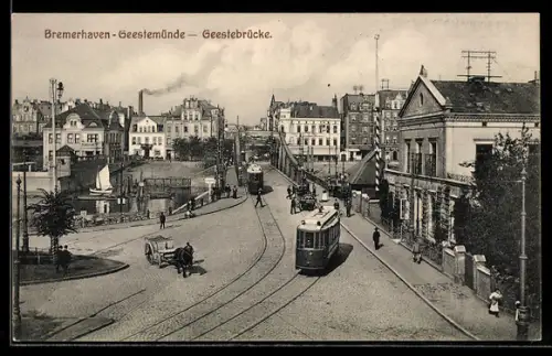 AK Bremerhaven-Geestemünde, Strassenpartie an der Geestebrücke mit Strassenbahn