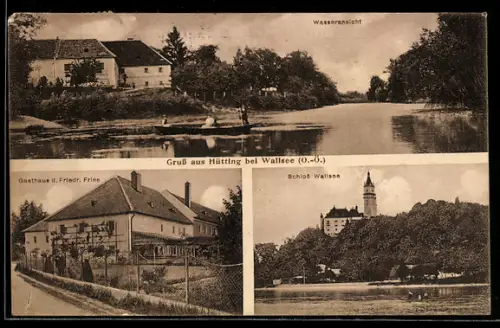 AK Mitterkirchen im Machland, Hütting bei Wallsee, Gasthaus Friedr. Fries, Schloss Wallsee, Wasseransicht mit Bootsparti