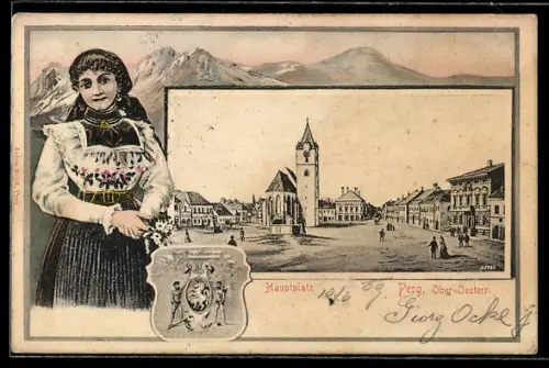 Lithographie Perg /Ober-Oesterr., Hauptplatz mit Kirche, Frau in Tracht