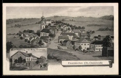 Künstler-AK Enzenkirchen /O. Ö., Handlung v. Willy Grömmer, Panoramaansicht des Ortes