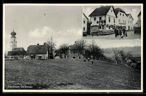 AK Diersbach /Ob. Donau, Gruppe im Ort, Blick zur Kirche