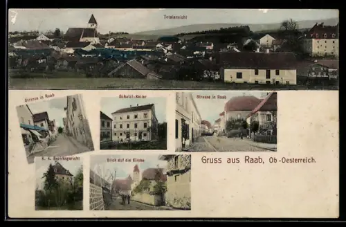 AK Raab, Gasthaus Schatzlkeller, Strassenpartie, Bezirksgericht, Totalansicht