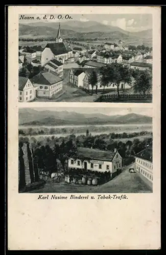 AK Naarn a. d. D., Karl Nusime Binderei u. Tabak-Trafik, Ortsansicht mit Kirche
