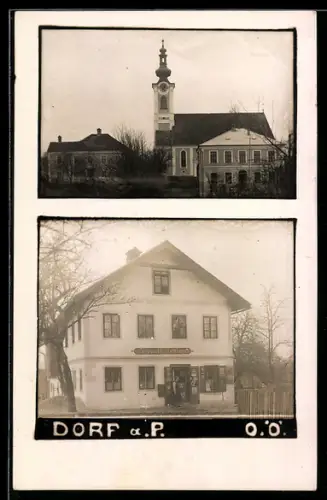 AK Dorf a. d. Pram, Geschäft von Leopold Reitinger, Kirche und Pfarrhof