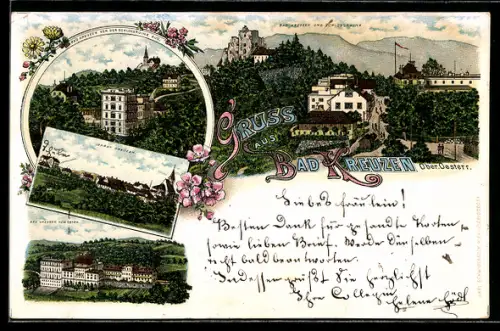 Lithographie Bad Kreuzen /Ober. Oesterr., Schlossruine, Ortsansichten aus der Vogelschau
