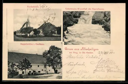 AK Allerheiligen bei Perg, Nordansicht, Überwachs-Wasserfall vom Naarnfluss, Kappelmüllers Gasthaus